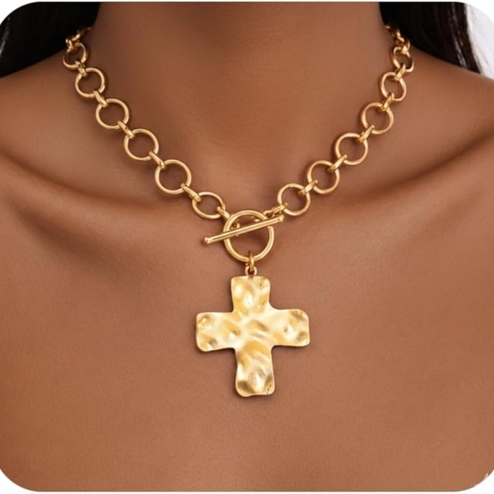 Chunky Gold Textured Cross Necklace Toggle Chain Statement Necklace